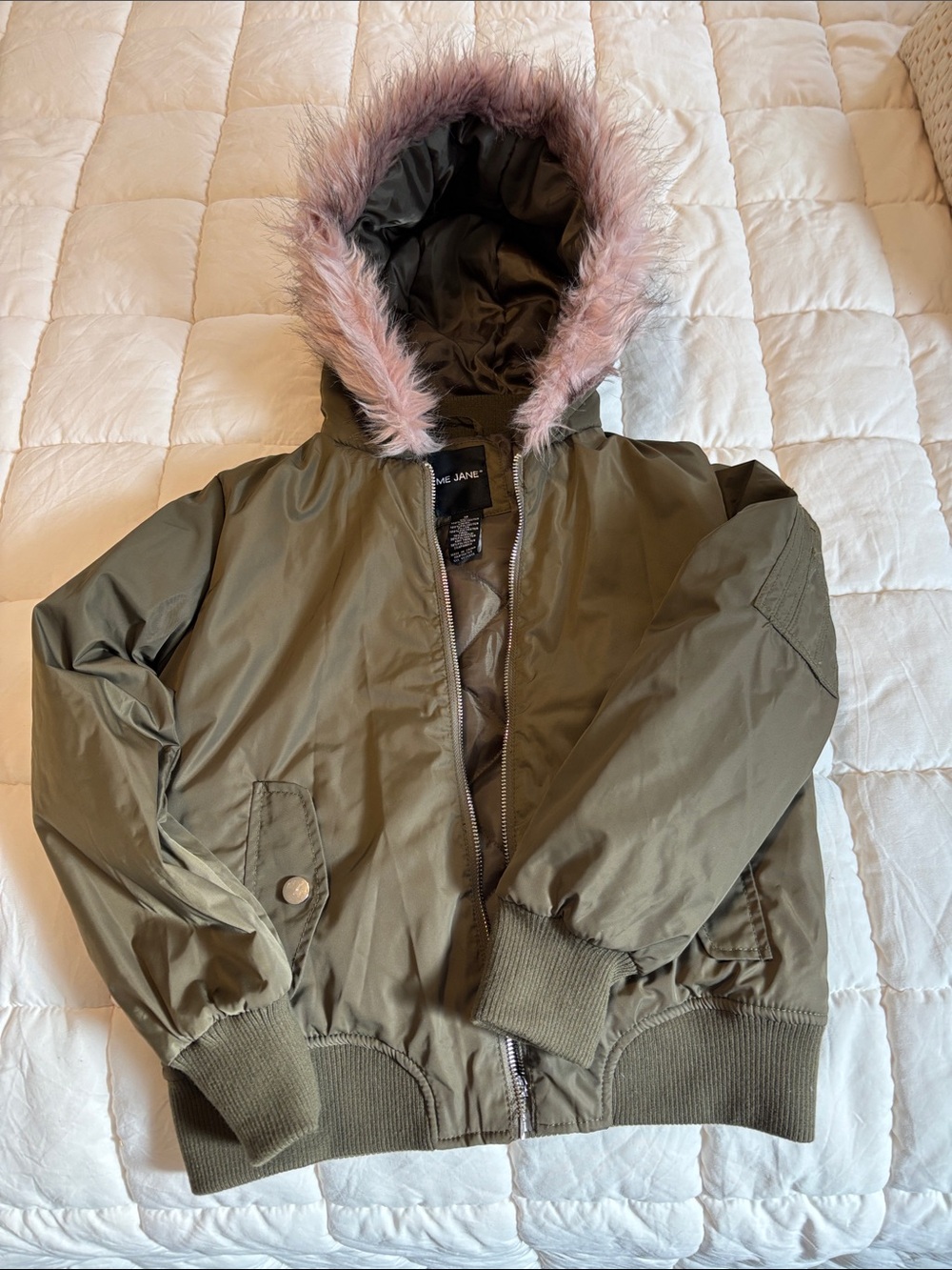Me Jane Olive Green Hooded Puffer Jacket with Pink Fur Trim